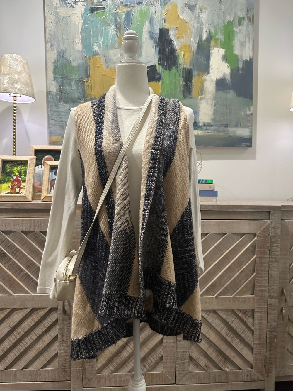 Anthropologie Neutral Chevron Open-Front Sweater Vest in Beige & Charcoal